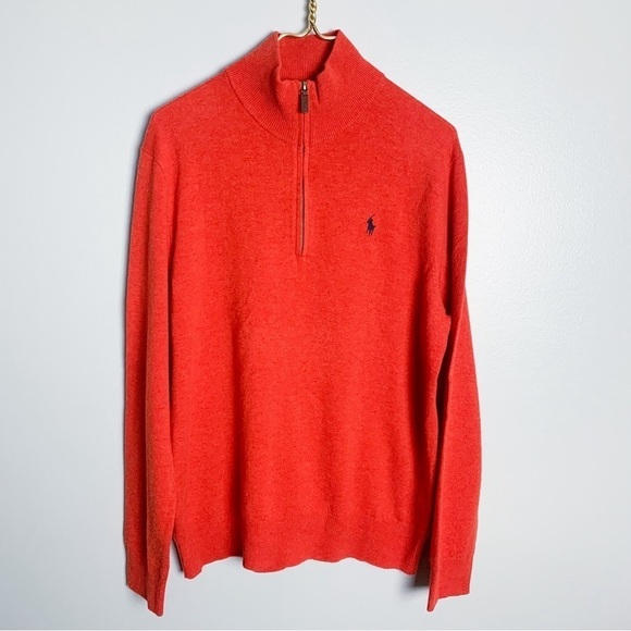 Ralph Lauren Mens 100% merino wool mock neck 1/4 zip knit sweater orange red - Picture 1 of 7